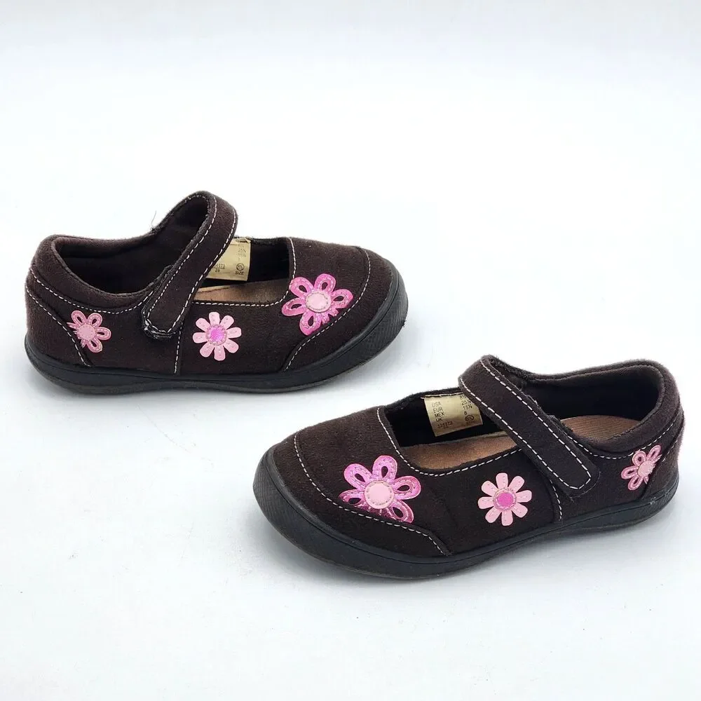 SmartFit VTG Girls Flower Mary Jane Comfort Shoes Brown Pink Toddler's Size 8.5